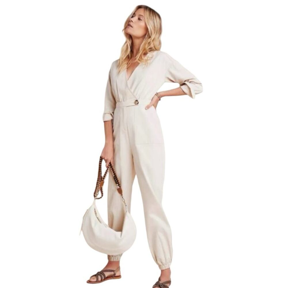 En Saison Madeleine Light Khaki Crossover Cotton Jogger Jumpsuit Pockets Size L